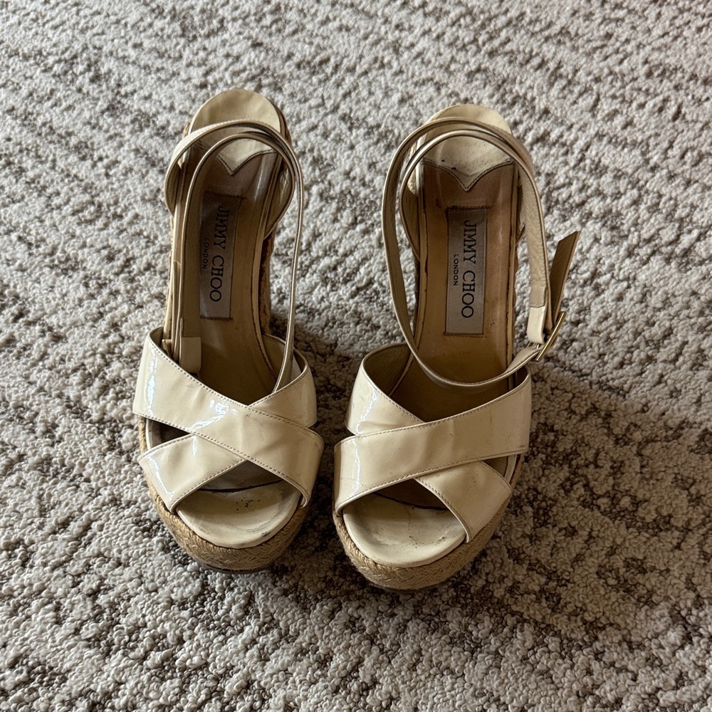 Jimmy Choo Beige Patent Leather Crisscross Wedge Sandals